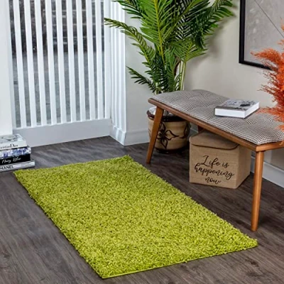 Abbildung von Surya Home Shaggy Berber Teppich Läufer Flauschiger für Wohnzimmer, Schlafzimmer, Langflor Hochflor Weiss flauschig 80x220 cm Flur in Grün