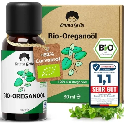 Abbildung von Emma Grün® Bio Oregano [100% Naturrein] Oil mit +82% Carvacrol Zertifiziertes Lebensmittel Oreganoöl 30ml Ätherisches Öl Hochdosiert aus Griechenland Ätherische Öle