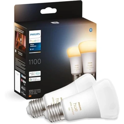 Abbildung von Philips Hue White Ambiance E27 LED Lampen 2 er Pack (1055 lm), dimmbare Leuchtmittel für das Lichtsystem mit 16 Mio. Farben, smarte Lichtsteuerung über Sprache und App