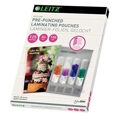 Abbildung von Leitz Heißlaminierfolien A4 125 mic, mit Lochung für Ordner und Ringbücher (2 /4 fach), Hochwertige Laminierfolien im 100er Pack, Glänzend, Transparent, 33878