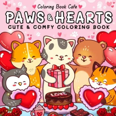 Abbildung von Paws &amp; Hearts: Coloring Book for Adults Teens Featuring Cozy Love Scenes with Adorable Animal Characters