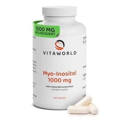 Abbildung von Myo Inositol hochdosiert 1000mg pro Tag (120 vegane Kapseln) ein wichtiger Botenstoff für den Zellstoffwechsel ohne unerwünschte Zusätze, gluten , laktosefrei vitaworld