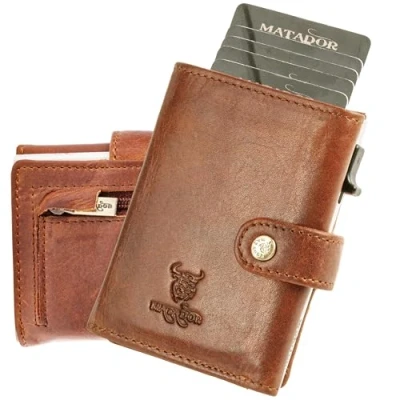 Abbildung von MATADOR Slim Wallet Tokio POP UP Kartenhalter Leder Kreditkartenetui mit Münzfach &amp; RFID Schutz Mini Geldbeutel Klein kleines Karten Portemonnaie Geschenk Box Vintage Braun