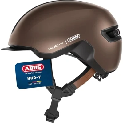 Abbildung von ABUS Urban Helm HUD Y mit magnetischem, aufladbarem LED Rücklicht &amp; Magnetverschluss cooler Fahrradhelm für den Alltag Damen und Herren Braun, Größe S
