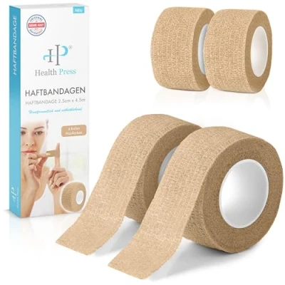 Abbildung von Fingerpflaster Selbsthaftend 4x Pflaster Rolle Hautfarben (2,5cm x 4,5m) Verband Selbstklebend Elastisches Tape wasserfest Staub , Fett und Schmutzabweisendes Pflasterband