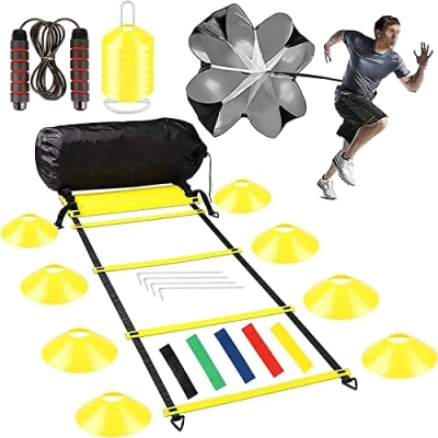 Abbildung von Fußball Trainingsset,Jewaytec Agility Speed Ladder,Koordinationsleiter,Fussball Training Trainingszubehör Set mit 8m Trainingsleiter,16 Sportkegel,Widerstand Fallschirm,Springseil,5 Widerstandsbänder