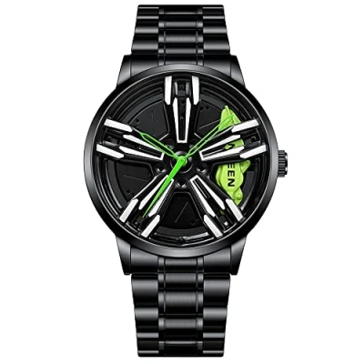 Abbildung von MIDYUID Herrenuhren Auto Felge Nabe Uhr Hohl Stereoskopische Rad Mode Sport Quarzuhr für Männer Geschenke Armbanduhren (Green 01)