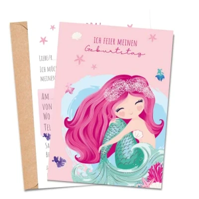 Abbildung von MeinBaby123® 10 Einladungskarten Kindergeburtstag Mädchen Geburtstagseinladungen für Kinder Meerjungfrau inkl. Briefumschläge Premium Qualität (Meerjungfrau V3)