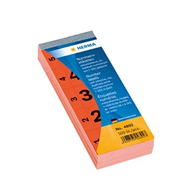 Abbildung von HERMA 4892 Nummernblock Zahlen 1 500, doppelt, 500 Stück, 56 x 28 mm, selbstklebend, matt, 2fach fortlaufende Papier Nummernetiketten Zahlenetiketten Anlagenummern, rot