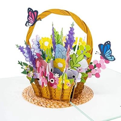 Abbildung von LIMAH® Pop Up 3D Grußkarte/PopUp Blumen korb Karte für dich zum Geburtstag, Muttertag, Valentinstag, Hochzeit Sie/Blumenkorb mit Schmetterlingen Motiv/in Türkis