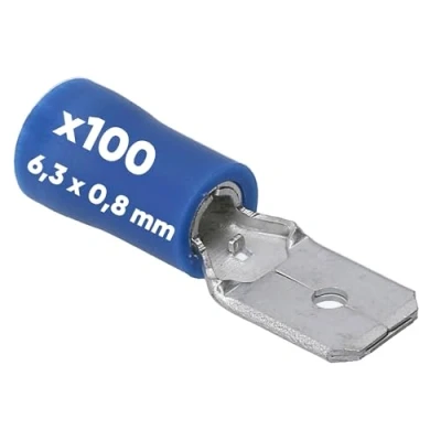 Abbildung von 100 Stück Kalitec FSB638 Flachstecker blau 6,3x0,8 Kabelverbinder I 1,5 2,5mm² Steckverbinder teilisoliert Messing PVC Kragen für Kfz &amp; Industrie