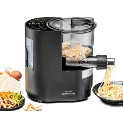 Abbildung von ROMMELSBACHER Elektrische Nudelmaschine PM 220 bis zu 800 g frische Pasta, integrierte Waage, gesteuerte Wasserzufuhr, 6 vollautomatische Programme, Edelstahl Pressschnecke, 7 Nudelformen, Lüfter