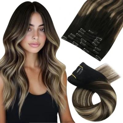 Abbildung von Moresoo Clip in Extensions Echthaar, Salon Qualität Weiches Glattes Haar 60 cm 7 Stück 120g #1B/3/27 Schwarz bis Dunkelbraun mit Karamellblond, Leicht zu Tragen Solide und Langlebig