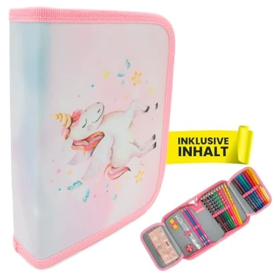 Abbildung von itenga Schüler Etui 28 teilig gefüllt 1 Zipper Federmäppchen für Jungen und Mädchen (Einhorn)