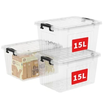 Abbildung von Cetomo C5032 Aufbewahrungsbox mit Klickverschluss und Deckel Kunststoffbehälter Kunststoff (Polypropylen) Transparent 15 L, 3er set