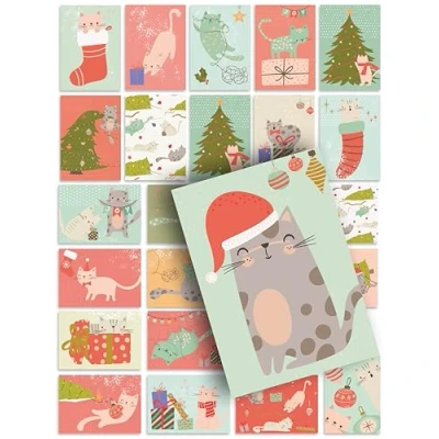 Abbildung von Weihnachtskarten 24 Postkarten Set Katzen Kätzchen süß niedlich Boho Deko Illustration Design Weihnachtspostkarte Weihnachten Mix Geschenk Grußkarte Geschenkkarte Tiere Xmas Cute Cats Adventskalender
