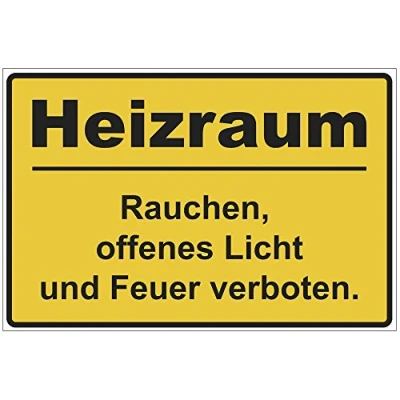 Abbildung von Schild Heizraum Rauchen, offenes Licht und Feuer verboten. aus Alu/Dibond 200x140 mm 3 stark
