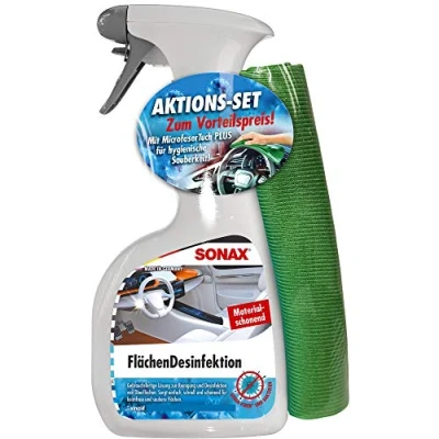 Abbildung von SONAX FlächenDesinfektion (500 ml) + MicrofaserTuch grün (1 Stück) gebrauchsfertige Lösung zur Reinigung und Desinfektion von allen harten Oberflächen rund ums Auto Art Nr. 04038410
