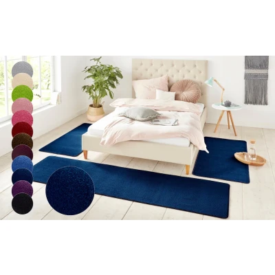 Abbildung von Hanse Home Nasty Teppich Bettumrandung 3 teilig Bettvorleger Bettläufer Teppichläufer Kurzflor Einfarbig Unifarben Läufer Set für Kinderzimmer Schlafzimmer, Uni Dunkelblau, 2X 70x140cm 1x 70x240cm