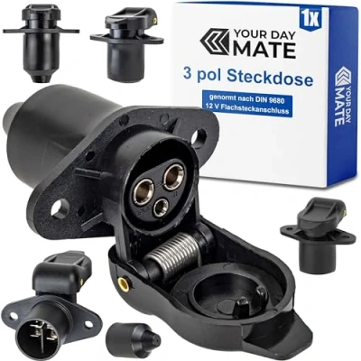 Abbildung von 3 polige Steckdose, 1 Stück, 2 Loch Montageplatte, Hartplastik Gehäuse, pol Steckdose nach DIN 9680 genormt, mit Dichtring, Steckanschluss für 12 V Systeme, pin Socket Landmaschine, Baumaschine