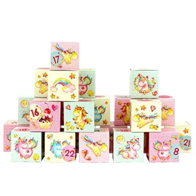 Abbildung von Papierdrachen DIY Adventskalender zum Befüllen Kisten Set Motiv bunte Einhörner in rosa 24 Schachteln aus Karton Aufstellen und Boxen Weihnachten