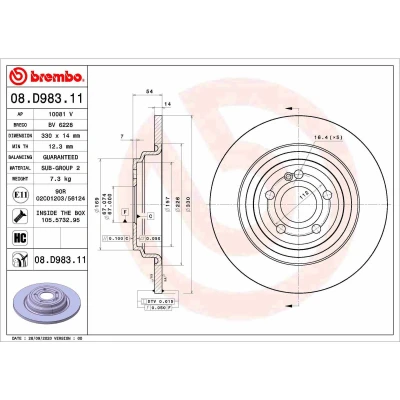 Abbildung von BREMBO 08.D983.11 Bremsscheibe 330 14 5 voll beschichtet hochgekohlt mit Schrauben