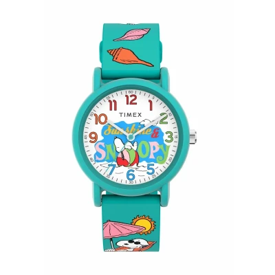 Abbildung von Timex Peanuts Just Beachy Armbanduhr, Unisex, 36 mm, grünes Silikonarmband, weißes Zifferblatt, Gehäuse TW2V78500
