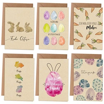 Abbildung von Papierdrachen Osterkarten 6 frühlingshafte Grußkarten als Klappkarte inklusive Umschlag zur Osterzeit Grüße an die Familie Stilvolles Design zu Ostern Motiv Aquarell Set 2
