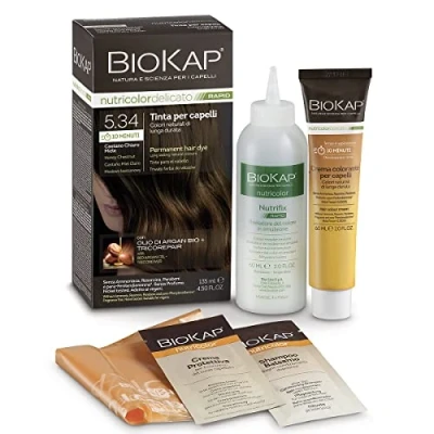 Abbildung von BIOKAP RAPID Permanente Haarfarbe 5.34 Honig Kastanienbraun NUR 10 MINUTEN EINWIRKZEIT Bio Arganöl TricoREPAIR Komplex VEGAN Optimale Grauabdeckung Bis zu 80% natürliche Inhaltsstoffe