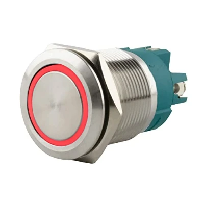 Abbildung von SeKi Edelstahl Drucktaster Ø22mm tastend flacher Kopfform farbig beleuchtetem LED Ring in rot Schraubanschluss; Klingeltaster