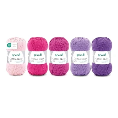 Abbildung von Gründl Wolle Cotton Quick uni Garn zum Stricken und Häkeln aus 100% Baumwolle, 5 Knäuel 50 g / 125 m, Strickgarn/Baumwollgarn, Rosa Pink Lila Mix