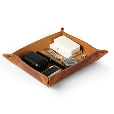 Abbildung von Londo Echtleder Taschenleerer Vide Poche Ledertablett Organizer, Praktische Aufbewahrungsbox für Geldbörsen, Uhren, Schlüssel, Münzen, Handys und Büroausstattung (Kamel)