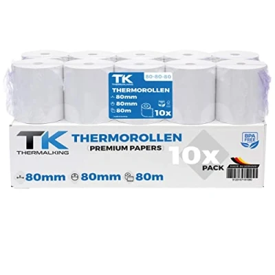 Abbildung von 10 Stk. Premium Thermorollen 80mm x 12mm Thermopapier Bonrollen (80 80 12) zertifiziert für Kassen Drucker wie IBM, Metapace uvm.