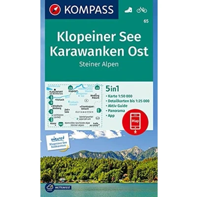 Abbildung von KOMPASS Wanderkarte 65 Klopeiner See, Karawanken Ost, Steiner Alpen 1:50.000: 5in1 mit Panorama, Aktiv Guide und Detailkarten inklusive ... Verwendung in der App. Fahrradfahren.