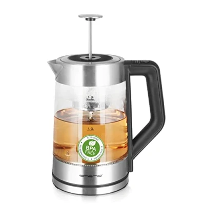 Abbildung von Emerio Glas Teekocher mit Temperaturwahl [50708090100C], WK 122730, Wasserkocher, manuelles Teesieb aus Edelstahl entnehmbar, Borosilikatglas, BPA frei, 1.7l Volumen, 2200 Watt, Silber