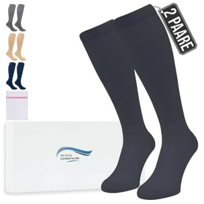Abbildung von 360 Relief Kompressionsstrümpfe Damen und Herren 2 Paare Kompressionssocken Einfarbig für Sport, Laufen, Flug, Reise, Joggen, Radsport, kniestrümpfe, S/M Schwarz mit Wäschenetz