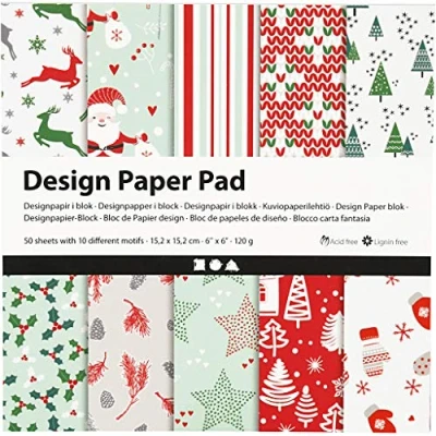 Abbildung von Weihnachtspapier bedrucktes Design Block, 50 Blatt, 10 festliche Designs, Weihnachtskartenherstellung, Bastelpapier Set