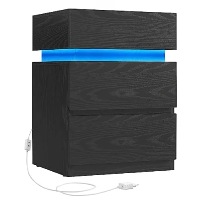 Abbildung von VASAGLE Nachttisch mit LED Beleuchtung, Beistelltisch, einstellbare Farben, Sofatisch 3 Schubladen, Nachtschrank Schlafzimmer, modern, 35 x 40 55 cm, schwarz Holzmaserung LET630T56