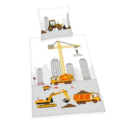 Abbildung von Baustelle Bettwäsche, Kopfkissenbezug ca. 70x90 cm, Bettbezug 140x200 mit leichtläufigem Markenreißverschluss, 100% Baumwolle, Renforcé