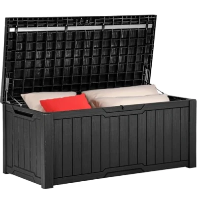 Abbildung von YITAHOME Außenspeicherbox 120 Gallonen wasserdichte Deckbox für Gartengeräte Terrassenkissen Swimmingpool Zubehör verschließbar einfach zusammenzubauen vielseitiger Sitzbank oder Tisch,schwarz