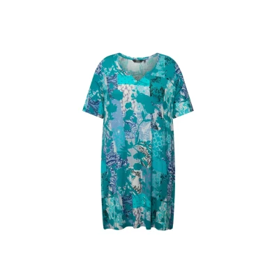 Abbildung von Ulla Popken Floral Patch Print Short Sleeve KNIT Tunika, Damen, Größe: 42/44, Deep aqua