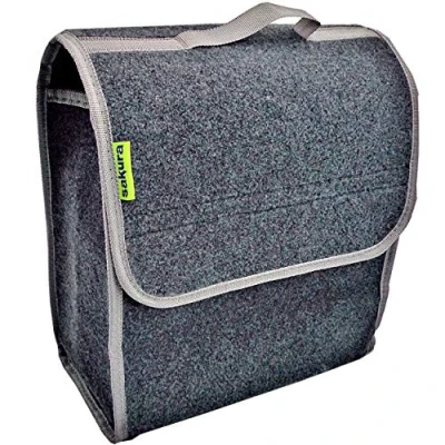 Abbildung von Sakura kleine Kofferraumtasche mit Klappdeckel für Pkw und andere Fahrzeuge SS5232 dunkelgraues Teppichmaterial, Klettstreifen, Tragegriff, 29 x 15 30 cm