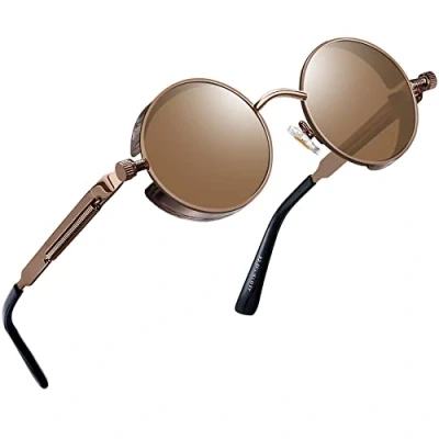 Abbildung von Joopin Runde Sonnenbrille Herren Braun Polarisierte Steampunk Brille Vintage Driving Sunglasses und Sonennbrille Damen Rund mit UV400 Schutz(Kupfer Braun)