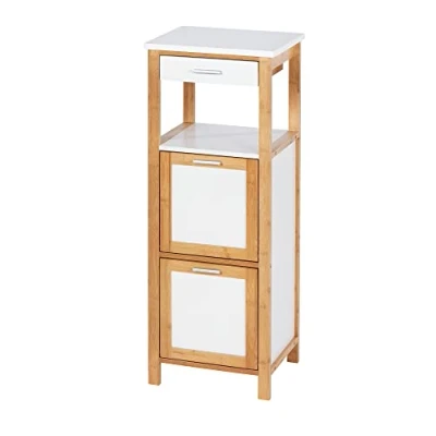 Abbildung von WENKO Regal Mod. Finja, Badezimmer Schrank mit 2 Ablagen, verschließbaren Fächern &amp; Schublade aus naturnahem Bambus und MDF, Hochschrank für den gesamten Haushalt, 34 x 89 30 cm, Weiß/Natur
