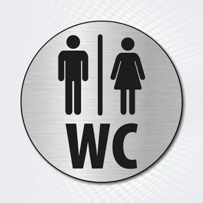Abbildung von Hinweisschild rund WC Toilette Durchmesser 10 cm aus gebürstetem Alu Dibond Pissoir Mann Frau Divers