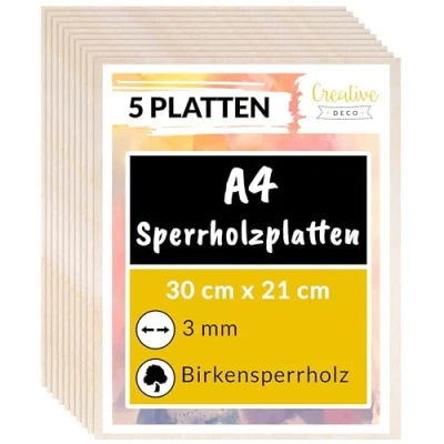 Abbildung von Creative Deco 5 x A4 Sperrholzplatte 3mm 300 210 (+/ 0,5) mm Birkensperrholz Dünne Holz Zuschnitte Perfektes Blatt für Laubsäge, Brandmalerei, Laserschnitt, CNC Router