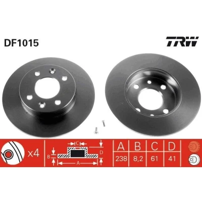 Abbildung von TRW DF1015 Bremsscheibe 238 8,2 4 100 voll lackiert mit Schrauben RENAULT: TWINGO 1, 5 Hatchback, 1 Kasten