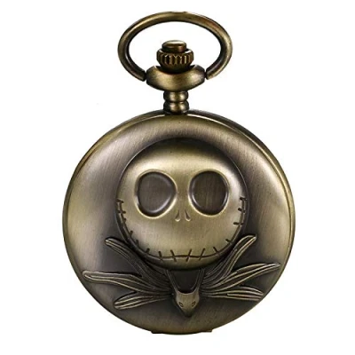 Abbildung von JewelryWe Taschenuhr Herren mit Schädel Totenkopf Skelett &amp; Kreuz Römische Ziffernblatt, Quarz Analog Uhr Kette Halskette Halloween Bronze