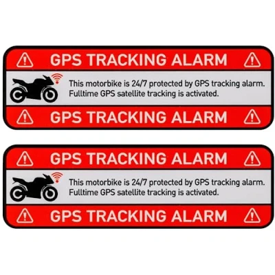 Abbildung von Aufkleber Set &quot;MOTORBIKE GPS TRACKING ALARM!&quot;, 2 Stück, 67 x 21 mm, selbstklebende Folie, außenklebend, Motorrad Warnhinweis Sticker Außenbereich, Diebstahlschutz Mopped, Klebesticker alarmgesichert