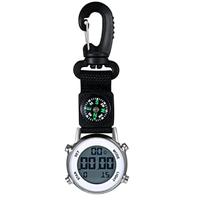Abbildung von JewelryWe Karabineruhr Digital Clip on Quarzuhr Karabiner Taschenuhr mit Leuchtendem Zifferblatt Kalender Wecker Kompass, FOB Uhr für Ärzte Krankenschwestern Sanitäter Köche Sport Unisex Silber